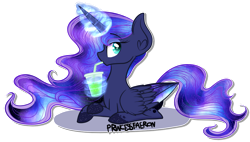 Size: 1024x581 | Tagged: safe, artist:princessfaeron, derpibooru import, princess luna, alicorn, pony, ethereal wings, eyebrows, eyebrows visible through hair, female, lying down, magic, mare, prone, simple background, solo, transparent background, wings