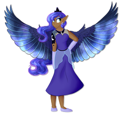 Size: 1024x936 | Tagged: safe, artist:princessfaeron, derpibooru import, princess luna, human, alternative cutie mark placement, clothes, dress, elf ears, ethereal wings, humanized, moderate dark skin, simple background, solo, transparent background, winged humanization, wings