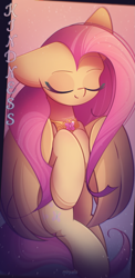 Size: 1055x2160 | Tagged: safe, artist:miryelis, derpibooru import, fluttershy, pegasus, pony, cute, daaaaaaaaaaaw, element of kindness, eyes closed, full body, gradient background, long hair, one ear down, shyabetes, signature, smiling, solo, sparkles, text, wings