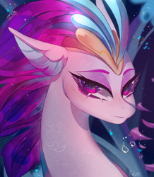 Size: 3049x3500 | Tagged: safe, artist:kefirro7, derpibooru import, queen novo, seapony (g4), my little pony: the movie, beautiful, bubble, bust, closed mouth, crown, digital art, eyebrows, eyelashes, eyeshadow, female, flowing mane, frown, glowing, high res, jewelry, lipstick, looking at you, makeup, ocean, portrait, purple eyes, purple mane, regalia, scales, seaquestria, signature, solo, throne room, underwater, water
