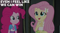 Size: 1920x1080 | Tagged: safe, derpibooru import, edit, edited screencap, editor:quoterific, screencap, fluttershy, pinkie pie, equestria girls, friendship games