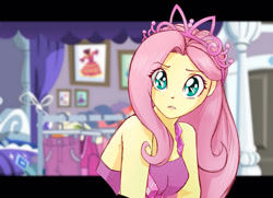 Size: 1024x742 | Tagged: safe, artist:astevenamedwolf, derpibooru import, fluttershy, human, better together, costume conundrum, equestria girls, breasts, clothes, costume, cute, dress, eye clipping through hair, female, jewelry, looking at you, rarity's bedroom, shyabetes, solo, tiara