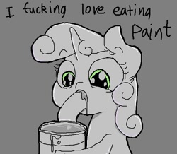 Size: 652x569 | Tagged: safe, artist:marshmallowhors, derpibooru import, sweetie belle, pony, unicorn, female, filly, foal, paint, pica, simple background, solo, sweetiedumb, this will end in death, this will end in tears, this will end in tears and/or death, too dumb to live, vulgar