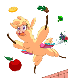 Size: 3145x3618 | Tagged: safe, artist:janji009, derpibooru import, paprika paca, alpaca, them's fightin' herds, apple, bouquet, broccoli, cinnamon bun, cloven hooves, community related, female, flower, food, open mouth, open smile, potted plant, simple background, smiling, solo, transparent background