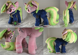 Size: 4222x3000 | Tagged: safe, artist:bastler, derpibooru import, oc, oc only, oc:iron sonata, pony, unicorn, fallout equestria, clothes, female, horn, irl, jumpsuit, mare, photo, pipbuck, plushie, red eyes, scar, solo, unicorn oc, vault suit