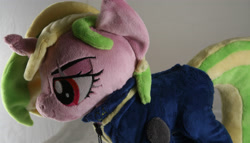 Size: 3888x2222 | Tagged: safe, artist:bastler, derpibooru import, oc, oc only, oc:iron sonata, pony, unicorn, fallout equestria, clothes, eye scar, facial scar, female, horn, irl, jumpsuit, mare, photo, plushie, red eyes, scar, solo, unicorn oc, vault suit