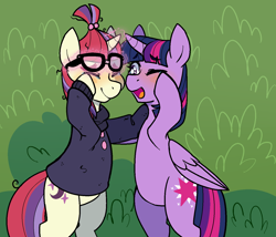 Size: 1396x1194 | Tagged: safe, artist:/d/non, derpibooru import, moondancer, twilight sparkle, twilight sparkle (alicorn), alicorn, unicorn, amending fences, bipedal, blushing, clothes, crying, eyes closed, februpony, februpony 2023, glasses, magic, one eye closed, open mouth, ponytail, scene interpretation, sweater