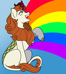 Size: 1400x1572 | Tagged: safe, artist:/d/non, artist:dononny, derpibooru import, autumn blaze, kirin, a kirin tale, fangs, februpony, female, gradient background, looking up, open mouth, open smile, rainbow, raised hoof, raised leg, sitting, smiling, solo