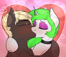 Size: 2625x2270 | Tagged: safe, artist:sketchy knight, derpibooru import, oc, oc only, bat pony, pony, unicorn, bat wings, blushing, choker, commission, cute, ear piercing, earring, eyes closed, female, holiday, horn, horn jewelry, horn ring, jewelry, kiss on the lips, kissing, makeup, male, nose piercing, oc x oc, passionate, piercing, ring, shipping, valentine's day, wings, ych result, your character here