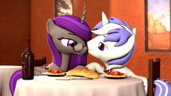 Size: 3840x2160 | Tagged: safe, artist:scratch_wub, derpibooru import, oc, oc only, oc:etheria galaxia, oc:scratch wub, 3d, alcohol, baguette, bread, dinner, food, holding hooves, holiday, kissing, pasta, romantic, shipping, source filmmaker, spaghetti, valentine's day, wine