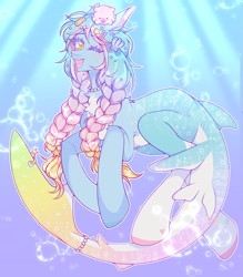 Size: 2099x2400 | Tagged: safe, artist:honeycrows, derpibooru import, oc, oc only, fish, hybrid, merpony, pony, sea pony, blushing, bubble, chest fluff, crepuscular rays, cute, digital art, dorsal fin, eyelashes, female, fish tail, flowing mane, flowing tail, jewelry, looking at you, mare, multicolored hair, necklace, ocean, one eye closed, open mouth, open smile, pearl necklace, seapony oc, seashell, smiling, smiling at you, solo, sunlight, swimming, tail, teeth, underwater, water, wink