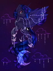 Size: 960x1280 | Tagged: safe, artist:jsunlight, derpibooru import, princess luna, alicorn, pony, cloud, female, flying, lights, looking back, mare, solo, stars