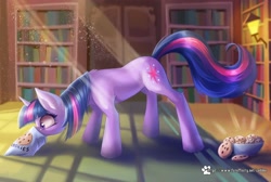 Size: 4096x2758 | Tagged: safe, artist:caddea, derpibooru import, twilight sparkle, unicorn twilight, pony, unicorn, book, cookie, crepuscular rays, cute, dust, eating, female, food, lamp, library, mare, mischievous, twiabetes