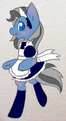 Size: 500x922 | Tagged: safe, artist:sinclair2013, derpibooru import, oc, oc only, oc:moddy, earth pony, pony, bipedal, blushing, clothes, female, maid, mare, solo