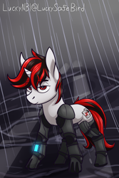 Size: 1440x2160 | Tagged: safe, artist:luckynb, derpibooru import, oc, oc only, oc:blackjack, cyborg, pony, unicorn, fallout equestria, fallout equestria: project horizons, amputee, cyborg pony, fanfic, fanfic art, female, mare, pipbuck, prosthetic leg, prosthetic limb, prosthetics, rain, solo