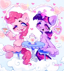 Size: 1858x2048 | Tagged: safe, artist:p0nyplanet, derpibooru import, pinkie pie, twilight sparkle, twilight sparkle (alicorn), alicorn, earth pony, pony, ;p, chair, chest fluff, cloud, cup, female, mare, one eye closed, tea party, teacup, teapot, tongue, tongue out