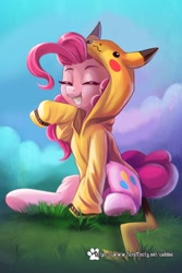 Size: 802x1200 | Tagged: safe, artist:caddea, derpibooru import, pinkie pie, earth pony, pikachu, clothes, cloud, costume, eyes closed, grass, grin, hoodie, kigurumi, pokémon, sitting, smiling, solo