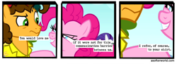 Size: 720x261 | Tagged: safe, edit, edited screencap, screencap, cheese sandwich, pinkie pie, earth pony, pinkie pride, a softer world, cheesepie, comic, female, grin, looking at each other, male, mare, screencap comic, stallion, straight, text