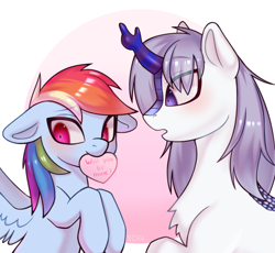 Size: 2332x2148 | Tagged: safe, artist:sch4, derpibooru import, rainbow dash, oc, oc:frosty tundra, kirin, blushing, canon x oc, commission, cute, ears, floppy ears, hearts and hooves day, holiday, kirin oc, shipping, simple background, valentine's day, white background, your character here