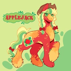 Size: 2048x2048 | Tagged: safe, artist:bubiliviary, derpibooru import, applejack (g3), earth pony, g3, alternate design, applejack's hat, bow, braid, clothes, cloven hooves, coat markings, cowboy hat, dappled, female, g3 jackabetes, green eyes, hair bow, hat, mare, redesign, twitter link, unshorn fetlocks