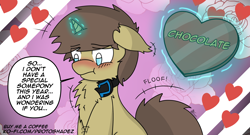 Size: 3600x1945 | Tagged: safe, artist:protoshadez, derpibooru import, oc, oc only, oc:shadez, unicorn, blushing, chest fluff, chocolate, comic, cute, fluffy, food, heart, hearts and hooves day, holiday, horn, lonely, unicorn oc, valentine, valentine's day