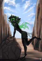 Size: 820x1180 | Tagged: safe, artist:stirren, derpibooru import, oc, anthro, changeling, bodysuit, changeling oc, clothes, gloves, green changeling, latex, pinup, pose, socks, standing