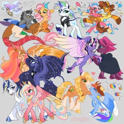 Size: 2000x2000 | Tagged: safe, artist:creeate97, derpibooru import, applejack, cheese sandwich, discord, fluttershy, pinkie pie, princess cadance, princess celestia, princess luna, rainbow dash, rarity, shining armor, tempest shadow, twilight sparkle, alicorn, breezie, classical unicorn, draconequus, earth pony, pegasus, pony, unicorn, alternate cutie mark, alternate hairstyle, apple, appledash, balloon, blushing, butt fluff, chest fluff, cloven hooves, coat markings, colored horn, cowboy hat, curved horn, draconequified, female, flying, food, gray background, hat, heart, horn, hybrid wings, jewelry, leonine tail, lesbian, looking at you, mane six, older, older applejack, older rainbow dash, ponified, regalia, royal sisters, shipping, siblings, simple background, sisters, socks (coat marking), species swap, tongue, tongue out, unshorn fetlocks, wings, zap apple