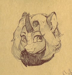 Size: 1236x1280 | Tagged: safe, artist:laymy, derpibooru import, oc, oc only, kirin, bust, kirin oc, monochrome, pencil drawing, sketch, smiling, solo, traditional art