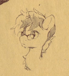 Size: 1163x1280 | Tagged: safe, artist:laymy, derpibooru import, oc, oc only, pony, unicorn, bust, glasses, horn, horn ring, monochrome, pencil drawing, ring, sketch, smiling, solo, traditional art