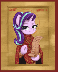 Size: 1735x2135 | Tagged: safe, artist:t72b, derpibooru import, starlight glimmer, pony, unicorn, clothes, cross, cross necklace, eye clipping through hair, eyebrows, female, fine art parody, halo, historical roleplay starlight, holiday, hoof hold, jewelry, looking at you, mare, necklace, raised hoof, raised leg, robe, saint, smiling, smiling at you, solo, valentine's day