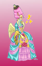 Size: 1027x1594 | Tagged: safe, artist:ddddaikon, derpibooru import, fluttershy, bird, butterfly, human, alternate hairstyle, beehive hairdo, bird nest, blushing, clothes, dress, eared humanization, eyes closed, fan, female, gown, gradient background, humanized, nest, pixel art, pony coloring, solo, winged humanization, wings