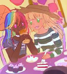 Size: 2000x2200 | Tagged: safe, artist:snowzaaah, derpibooru import, applejack, rainbow dash, human, appledash, cafe, dark skin, eating, female, food, holiday, humanized, lesbian, shipping, valentine's day, waffle