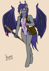 Size: 1336x1924 | Tagged: safe, artist:vesperce, derpibooru import, oc, oc:dusk rhine, anthro, bat pony, clothes, crossdressing, crystal, male, one-piece swimsuit, satchel, solo, swimsuit, walking stick