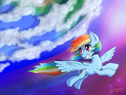 Size: 1200x900 | Tagged: safe, artist:empyu, derpibooru import, rainbow dash, pegasus, pony, cloud, earth, eye clipping through hair, female, flying, grin, looking back, mare, signature, sky, smiling, solo, spread wings, wings