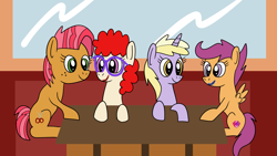 Size: 1920x1080 | Tagged: safe, artist:platinumdrop, derpibooru import, babs seed, dinky hooves, scootaloo, twist, double date, female, lesbian, request, shipping