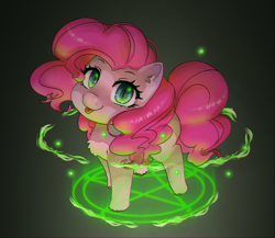 Size: 1862x1615 | Tagged: safe, artist:ponchik_art, derpibooru import, pinkie pie, demon, earth pony, pony, chest fluff, gypsy pie, magic, magic circle, pentagram, ritual, simple background, slit eyes, summoning circle, unshorn fetlocks