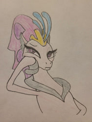 Size: 774x1032 | Tagged: safe, artist:studentsixenjoyer, derpibooru import, queen novo, seapony (g4), my little pony: the movie, bored, collar, crown, drawing, eyelashes, female, fins, jewelry, mare, purple eyes, purple mane, reaction image, regalia, simple background, solo, traditional art, unamused, unimpressed, white background