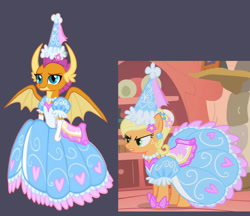Size: 1280x1106 | Tagged: safe, artist:darlycatmake, derpibooru import, applejack, smolder, dragon, look before you sleep, adorasexy, angry, beautiful, calm, clothes, cute, dragon wings, dragoness, dress, dressup, ear piercing, female, flower, flower in hair, froufrou glittery lacy outfit, glare, gloves, golden oaks library, happy, hat, hennin, jackabetes, jewelry, long gloves, mare, necklace, piercing, pretty, princess, princess applejack, princess smolder, screenshots, sexy, smiling, smolderbetes, spread wings, wings