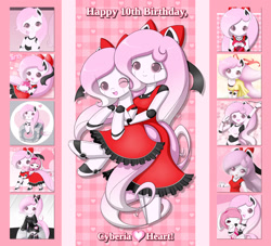 Size: 2200x2000 | Tagged: safe, artist:jdan-s, derpibooru import, oc, oc only, oc:cyberia heart, human, original species, pony, rabbit, robot, robot pony, animal, birthday, bow, clothes, companion cube, dress, eared humanization, holiday, humanized, pixiv, portal (valve), self paradox, self ponidox, tail, tailed humanization, valentine's day