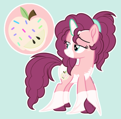 Size: 2409x2362 | Tagged: safe, artist:pastelnightyt, derpibooru import, oc, oc only, oc:lodi apple, pony, unicorn, female, green background, mare, offspring, parent:big macintosh, parent:sugar belle, parents:sugarmac, simple background, solo, unshorn fetlocks