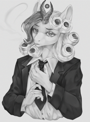 Size: 2000x2700 | Tagged: safe, artist:sarrash, derpibooru import, oc, oc:razlad, anthro, cigarette, clothes, helix horn, horn, looking at you, mafia, monochrome, necktie, shirt, smoking, solo, suit