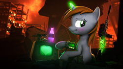 Size: 3840x2160 | Tagged: safe, artist:lagmanor, derpibooru import, oc, oc only, oc:littlepip, pony, unicorn, fallout equestria, 3d, assault rifle, bag, blurry background, blushing, bottle, clothes, clothes on floor, cutie mark, dark background, dirty, eyelashes, female, glowing, glowing horn, green eyes, gun, handgun, heart, high res, holiday, horn, jumpsuit, lidded eyes, looking at you, looking back, looking back at you, magic, matress, medkit, optical sight, pipbuck, pistol, pointing, pony ears, raised leg, revolver, rifle, ruins, seductive pose, sitting, smiling, smiling at you, solo, source filmmaker, sparkle cola, sunset, telekinesis, terminal, undressed, valentine's day, vault suit, wall of tags, wasteland, weapon, zebra rifle