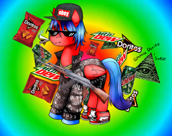 Size: 4740x3766 | Tagged: safe, artist:bluvsred, derpibooru import, oc, oc only, alicorn, pony, ak, ak-47, assault rifle, blunt, chips, doritos, food, gradient background, gun, illuminati, male, mlg, mountain dew, obey, rainbow background, rifle, stallion, sunglasses, swag glasses, weapon