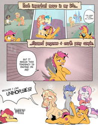 Size: 1024x1303 | Tagged: safe, artist:redheadfly, derpibooru import, apple bloom, applejack, aunt holiday, auntie lofty, gilded lily, mane allgood, rainbow dash, scootaloo, snap shutter, sweetie belle, oc, oc:turning page, earth pony, pegasus, pony, unicorn, apple, apple bloom's bow, appledash, applerack, bow, breasts, dialogue, female, floating heart, food, hair bow, heart, lesbian, onomatopoeia, shipping, sound effects, speech bubble, zap apple