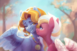 Size: 3000x2000 | Tagged: safe, artist:jewellier, derpibooru import, oc, oc only, pegasus, pony, affection, bust, colored wings, couple, duo, duo female, facial markings, female, lesbian, mare, one eye closed, pegasus oc, portrait, romantic, smiling, tree, wings