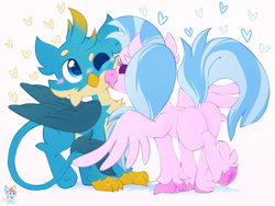 Size: 1320x990 | Tagged: safe, artist:rainbow eevee, derpibooru import, gallus, silverstream, griffon, hippogriff, birb, blue eyes, blushing, butt, cheek fluff, chest fluff, chibi, cute, digital art, dock, duo, female, folded wings, gallabetes, gallstream, heart, holiday, kiss on the cheek, kissing, looking up, male, one eye closed, plot, shipping, simple background, spread wings, straight, streambutt, tail, underhoof, valentine's day, wings