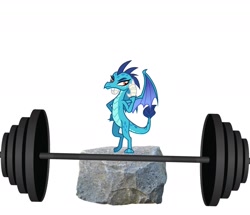 Size: 1800x1551 | Tagged: safe, derpibooru import, princess ember, dragon, barbell, confident, flexing, rock, simple background, solo, weights, white background