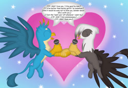 Size: 1076x743 | Tagged: safe, artist:porygon2z, derpibooru import, gallus, oc, oc:raiza, griffon, holiday, singing, valentine's day