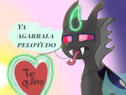 Size: 1440x1080 | Tagged: safe, artist:flower-black, artist:flower_black, derpibooru import, oc, oc:flower black, changeling, fangs, heart, hearts and hooves day, holiday, insult, magic, present, spanish, tongue, tongue out, valentine's day