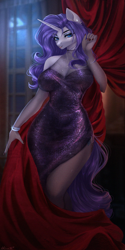 Size: 1000x2000 | Tagged: safe, artist:alicesmitt31, derpibooru import, rarity, anthro, unicorn, bedroom eyes, big breasts, bracelet, breasts, cleavage, clothes, dress, evening gloves, eyeshadow, female, gloves, horn, jewelry, lipstick, long gloves, looking at you, makeup, mare, nail polish, pantyhose, purple dress, side slit, solo, solo female, total sideslit
